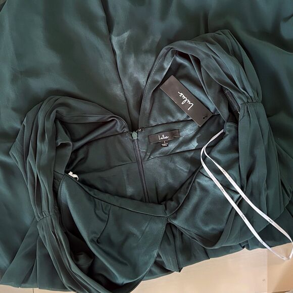 NWT Lulus Heavenly Hues Forest Green Maxi Dress (L) Plunging Georgette Gown - Picture 7 of 13
